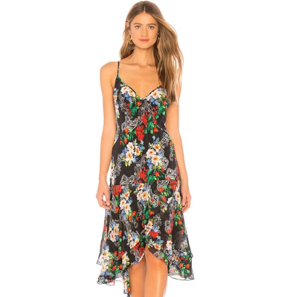 Marissa Webb Illana 100% Silk Midi Dress Paisley Floral V-Neck Ruffle Tiered